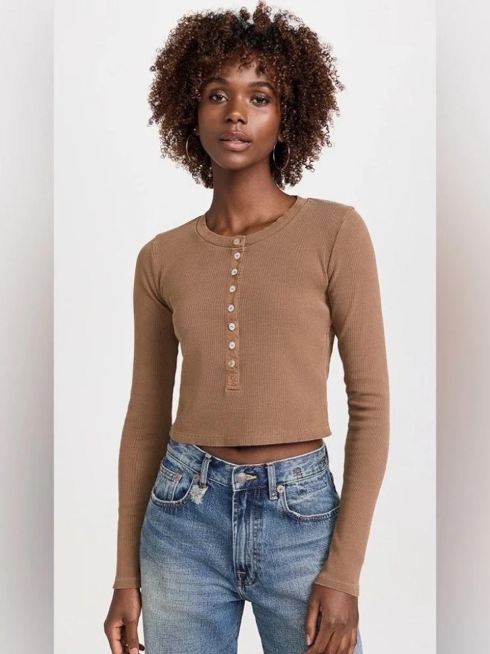 Amo - Sassy Henley Long Sleeve Tee Shirt - NWT - Color Walnut